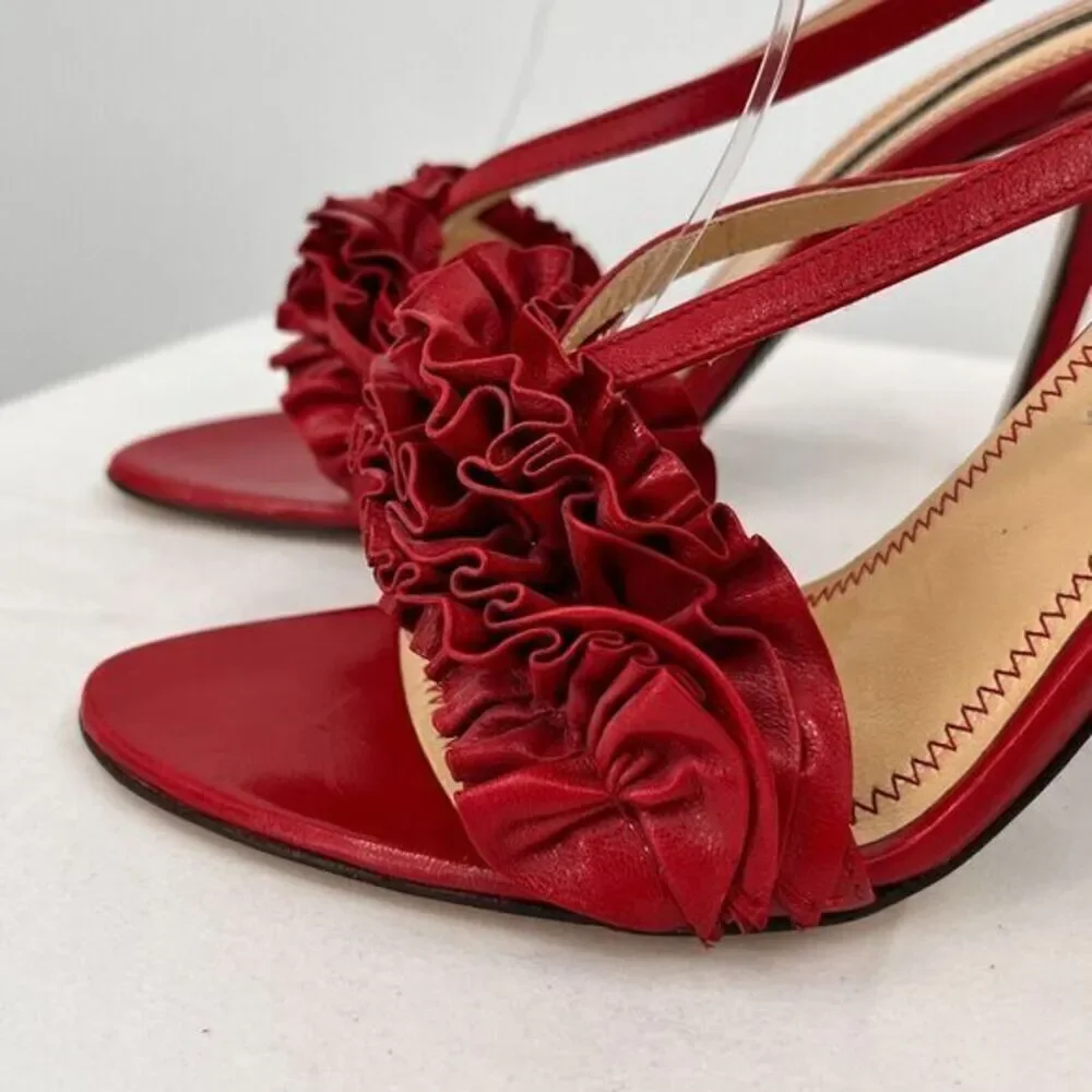 Courtney‎ Crawford Ruffle Leather Strappy Heels Sandals Red 38.5 (8) Made Italy